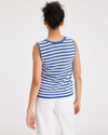 Back view of model wearing Amar Ceramic Blue Stripe Women's Sweater Tank.
