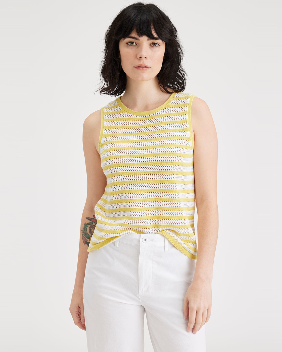 Front view of model wearing Amar Pineapple Slice Stripe Women's Sweater Tank.