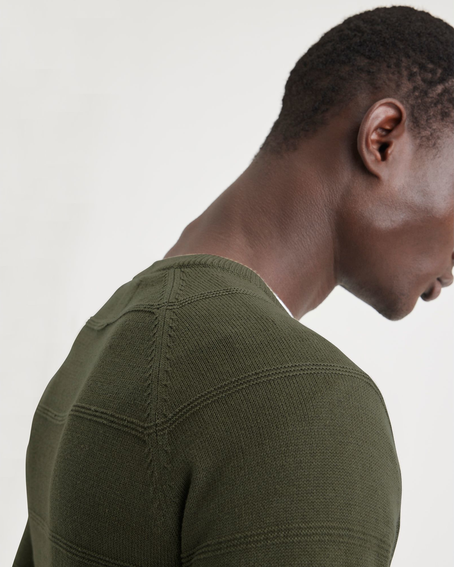 View of model wearing Army Green Men's Regular Fit Crewneck Sweater.