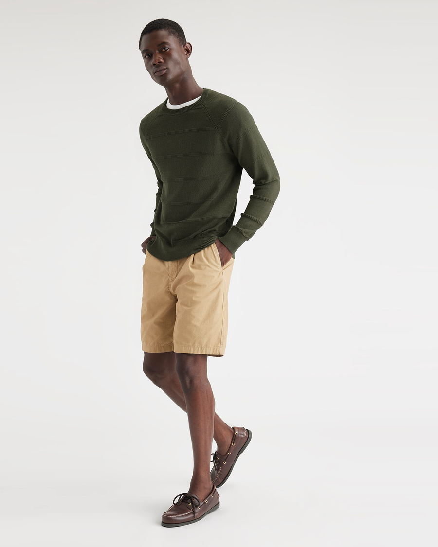 View of model wearing Army Green Men's Regular Fit Crewneck Sweater.