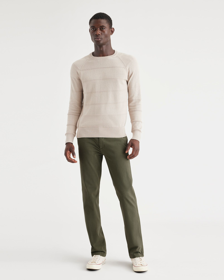 Front view of model wearing Army Green Men's Slim Fit Smart 360 Flex California Chino Pants.