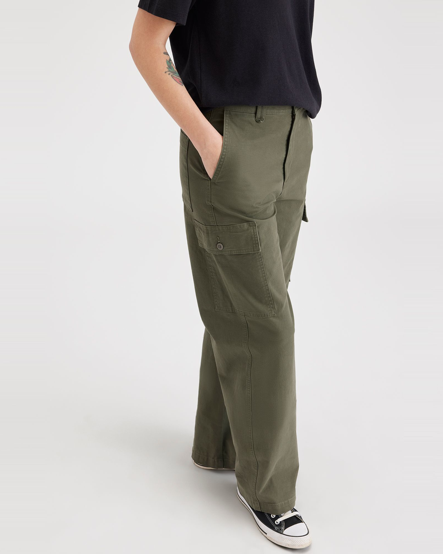 View of model wearing Army Green Women's Straight Fit Cargo Pants.