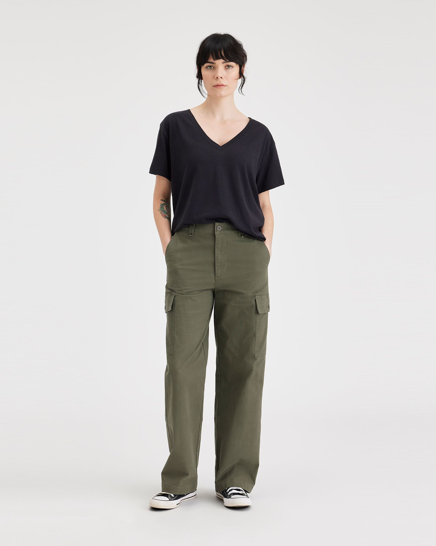 Front view of model wearing Army Green Women's Straight Fit Cargo Pants.