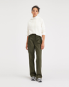 Front view of model wearing Army Green Women's Straight Fit Original Pleated High Wide Khaki Pants.