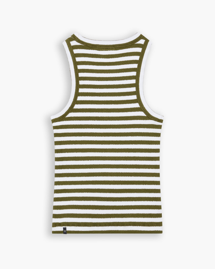 View of model wearing Avocado Rib Tank, Slim Fit.