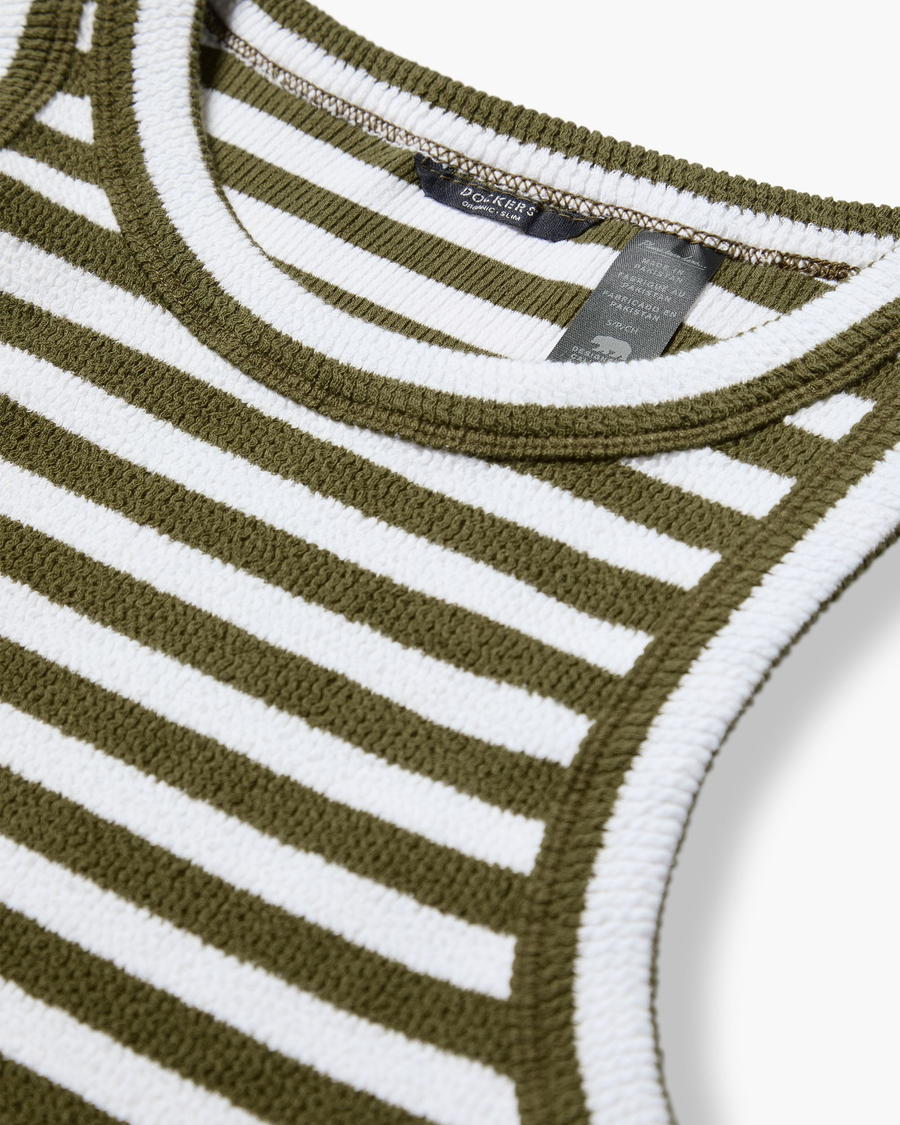 View of model wearing Avocado Rib Tank, Slim Fit.
