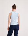 Back view of model wearing Azure Placid Blue Women's Slim Fit Knit Tank.