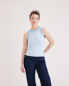 Front view of model wearing Azure Placid Blue Women's Slim Fit Knit Tank.