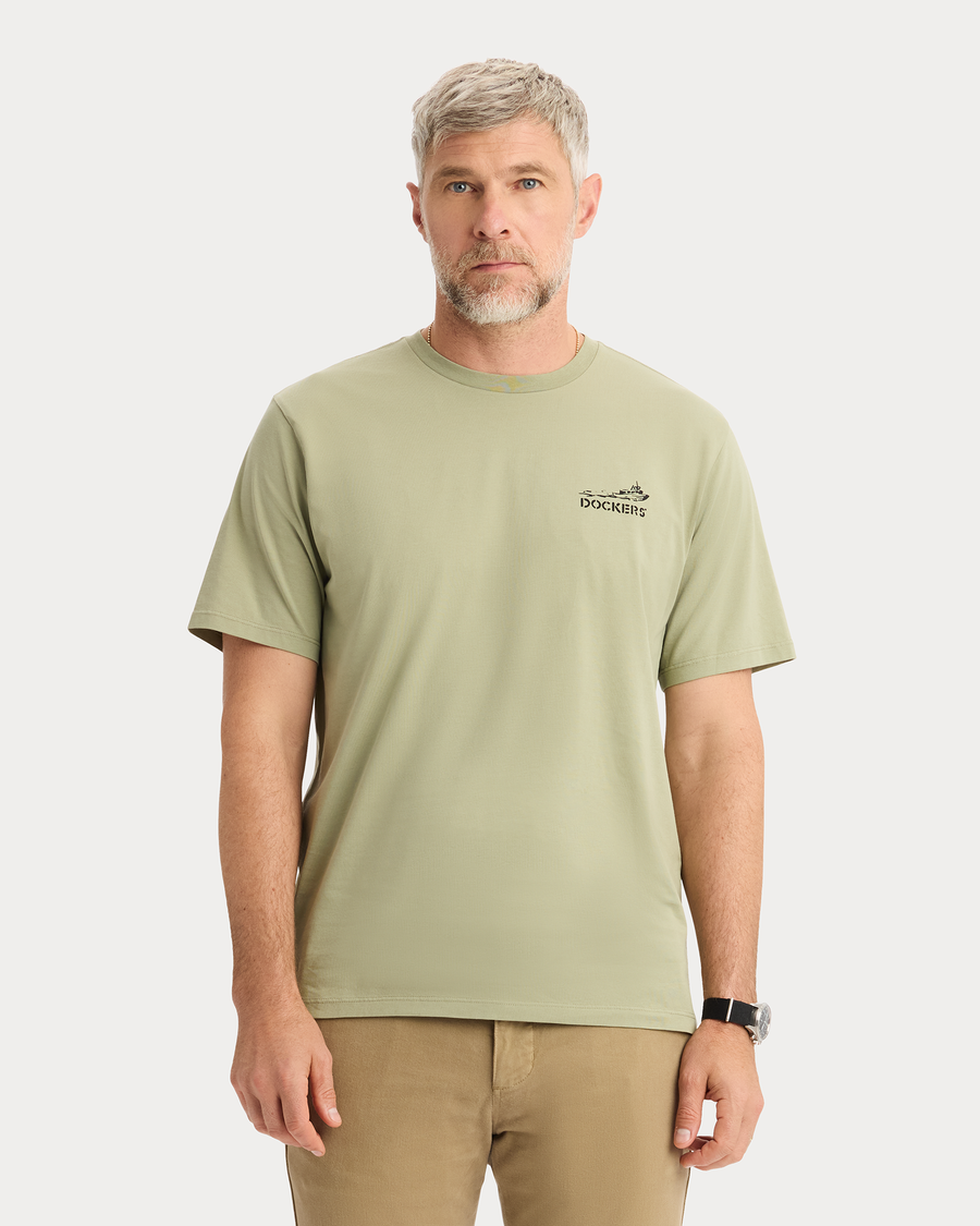 View of model wearing Bay Tea Graphic Tee, Regular Fit.