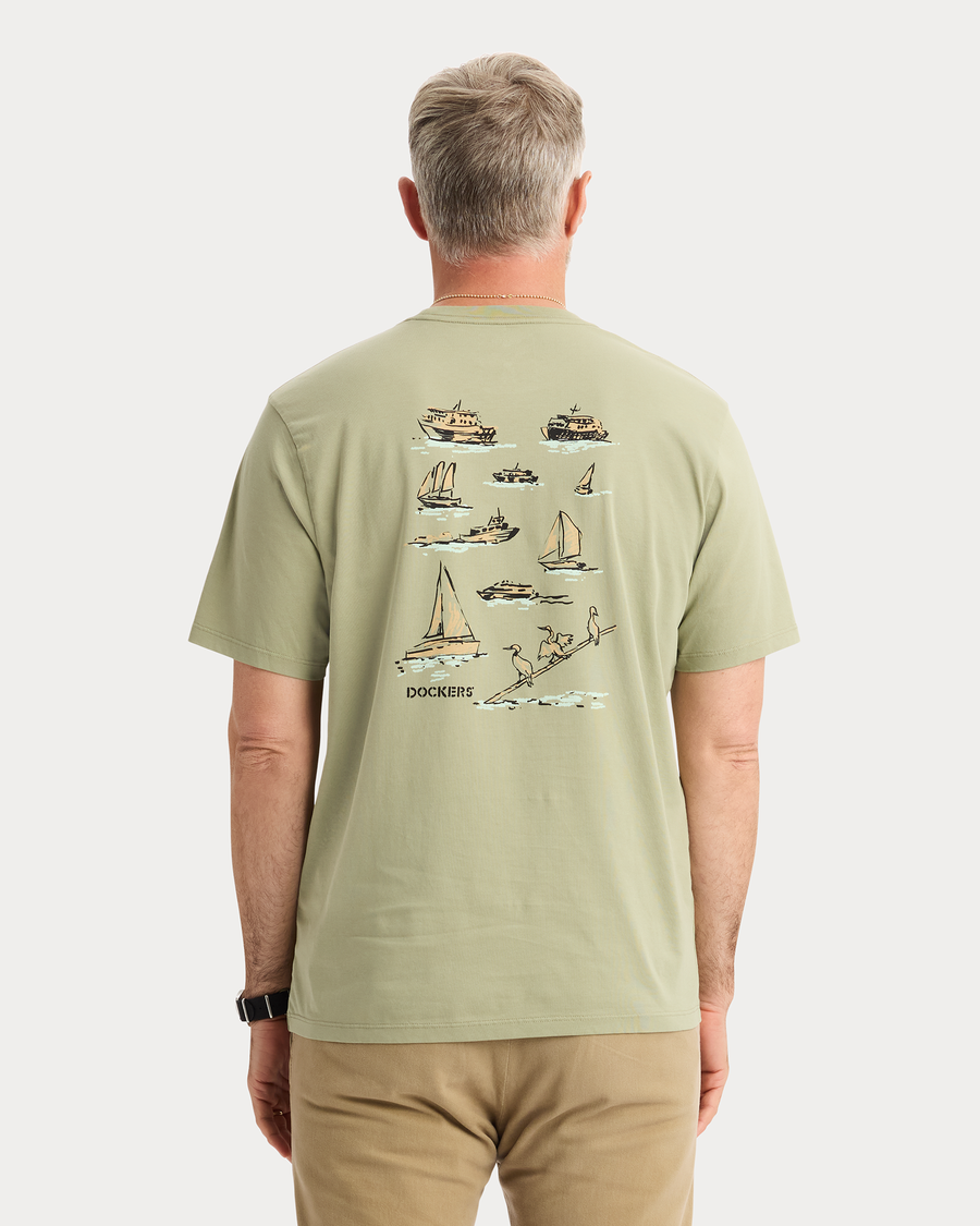 View of model wearing Bay Tea Graphic Tee, Regular Fit.