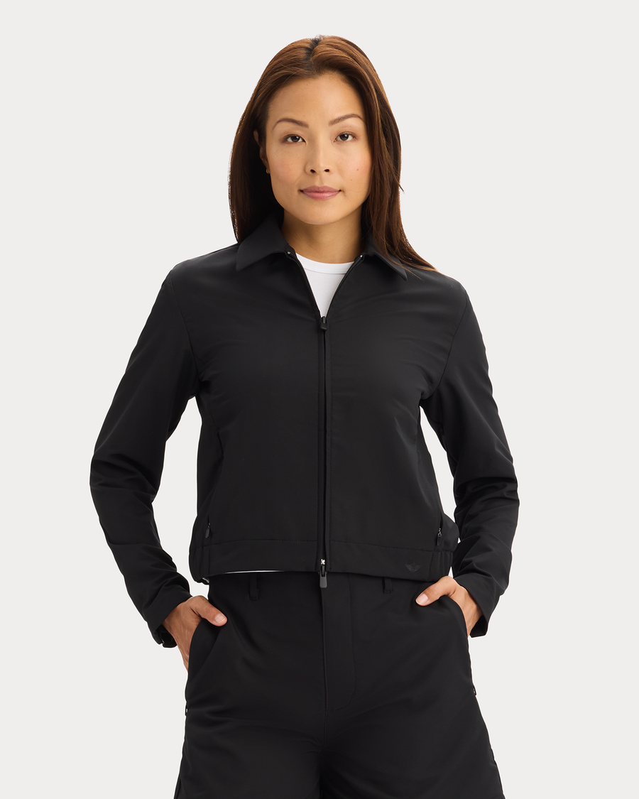 View of model wearing Beautiful Black Go Jacket with AceFlex, Regular Fit.