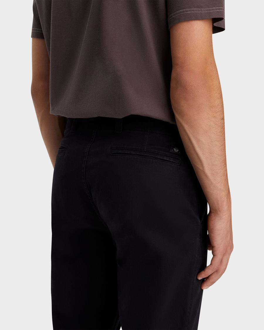 View of model wearing Beautiful Black Men's Straight Fit Smart 360 Flex California Chino Pants.