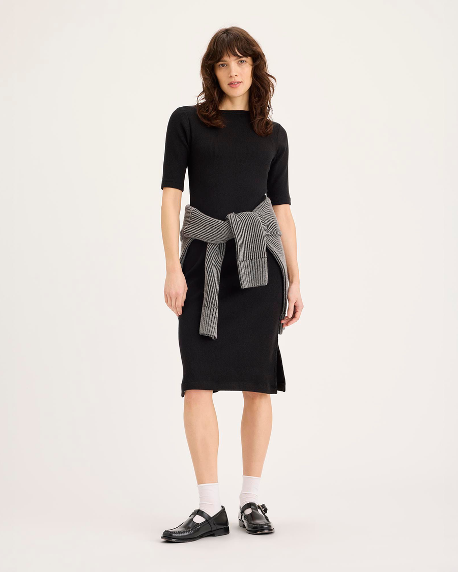 View of model wearing Beautiful Black Rib Dress with Lofi Knit, Slim Fit.