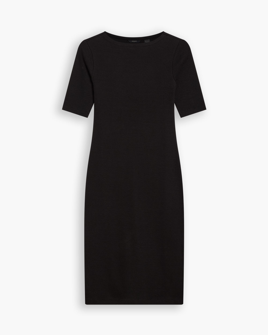 View of model wearing Beautiful Black Rib Dress with Lofi Knit, Slim Fit.