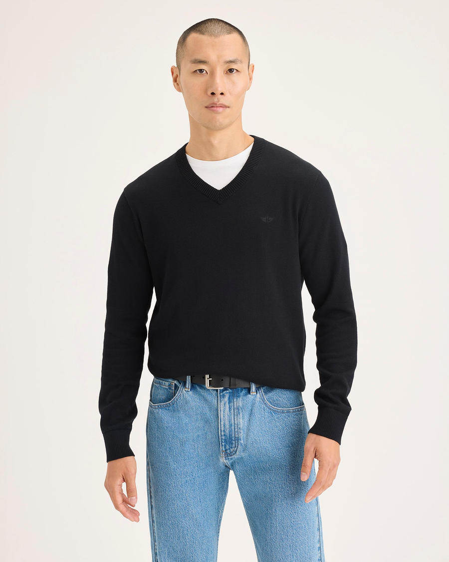Front view of model wearing Beautiful Black V Neck Sweater.