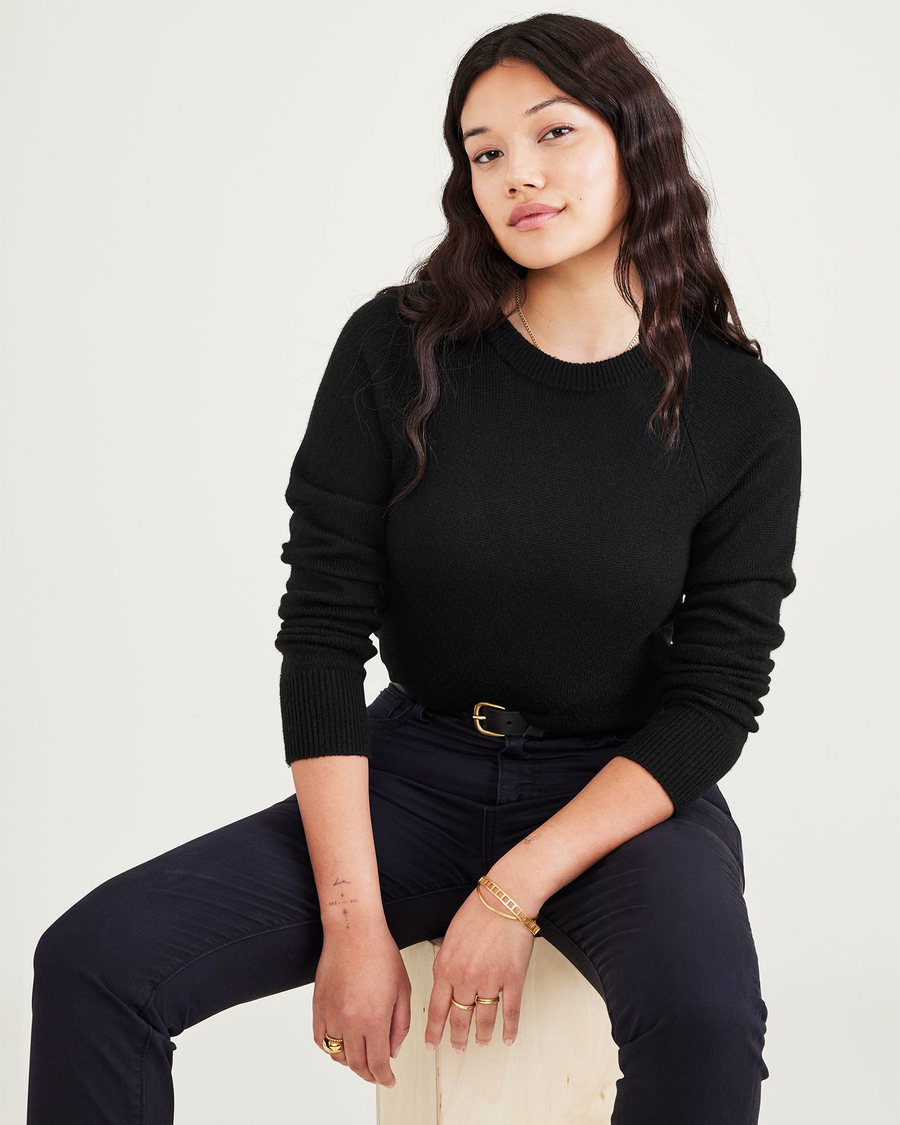 View of model wearing Beautiful Black Women's Classic Fit Crewneck Sweater.