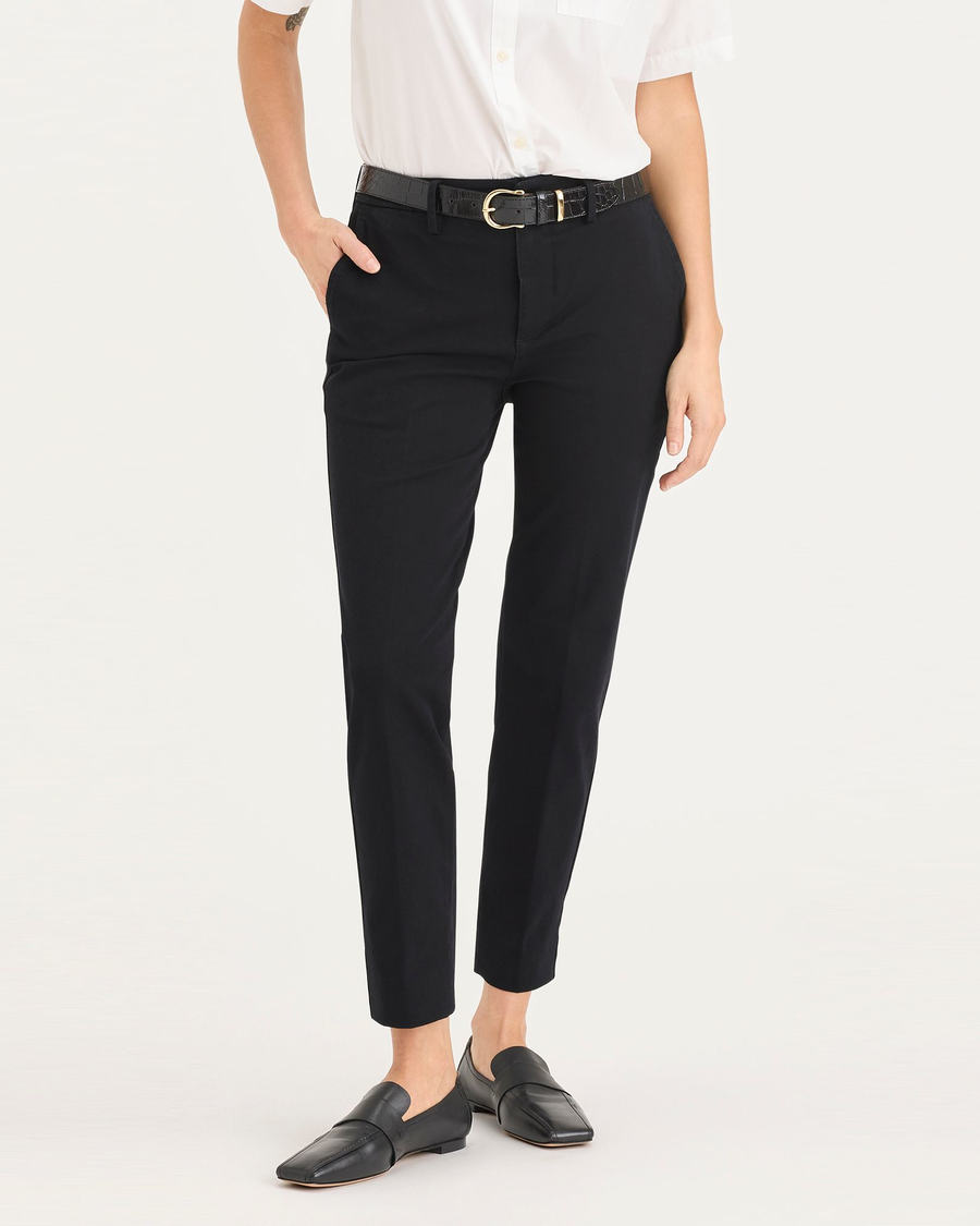 Front view of model wearing Beautiful Black Women's Mid-Rise Slim Collins Trouser with Sculpt.