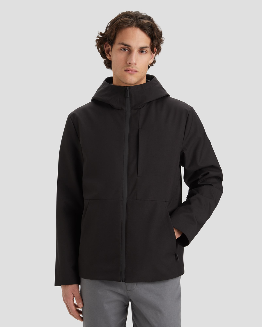 Front view of model wearing Black Men's Softshell Modern Jacket.