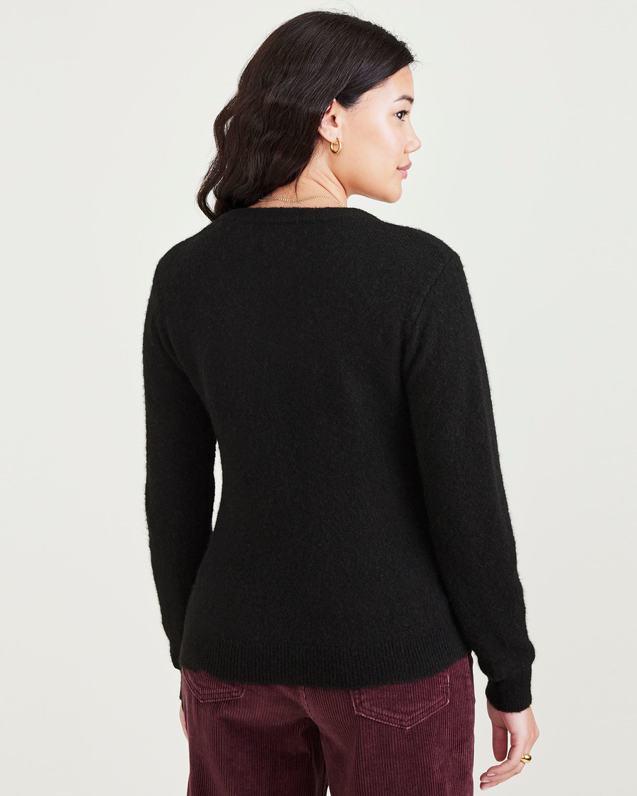 Back view of model wearing Black Women's Regular Fit V-Neck Sweater.