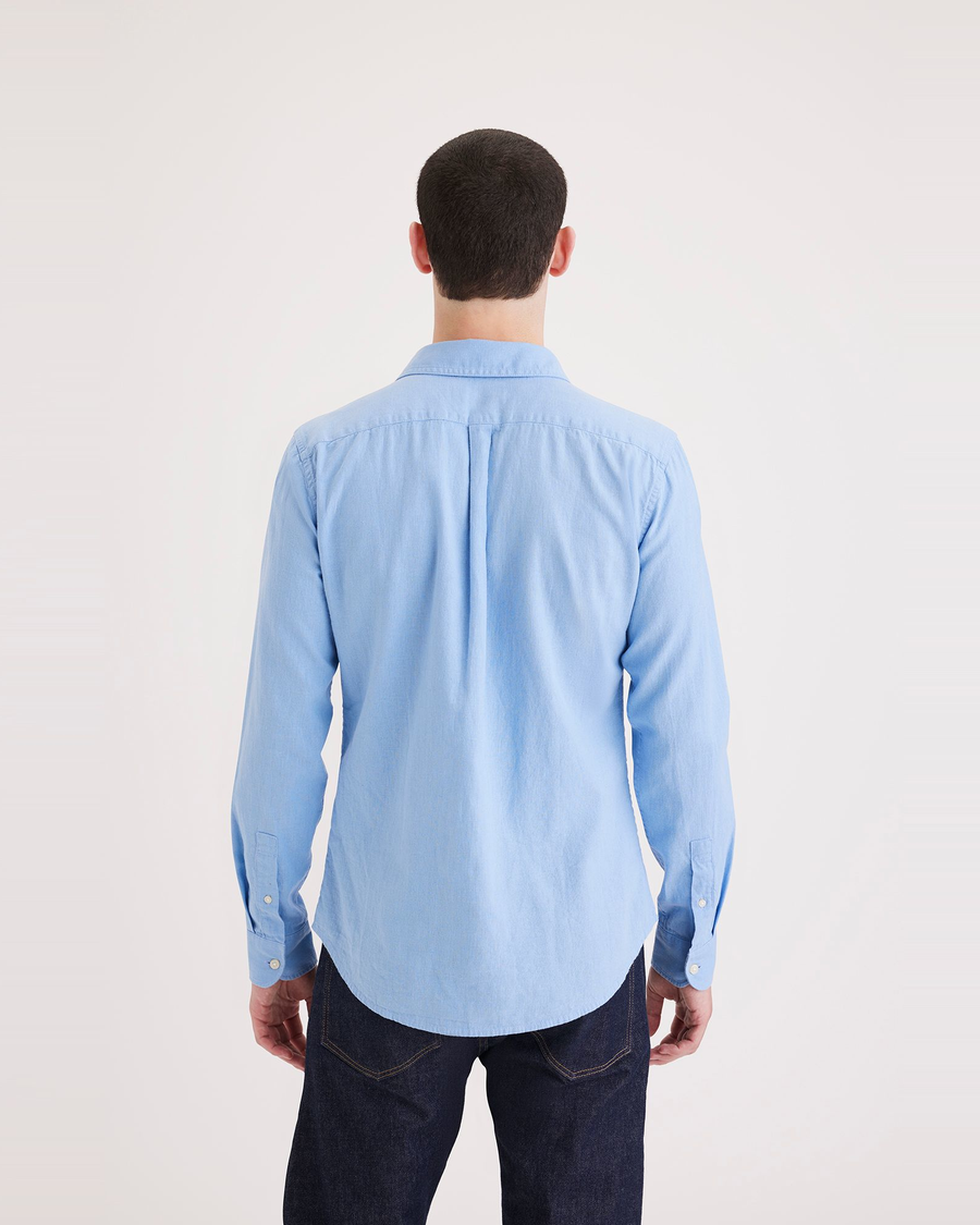 Back view of model wearing Bluefin Men's Slim Fit Icon Button Up Shirt.