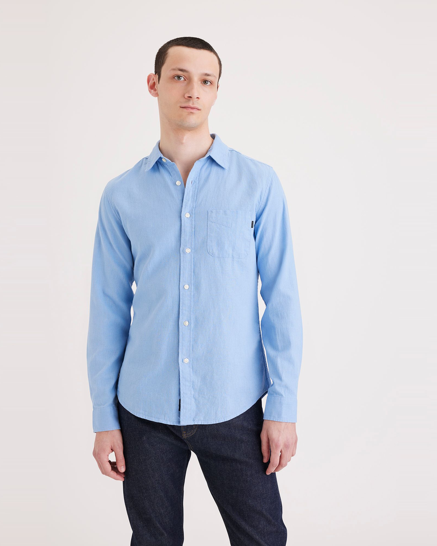 Front view of model wearing Bluefin Men's Slim Fit Icon Button Up Shirt.