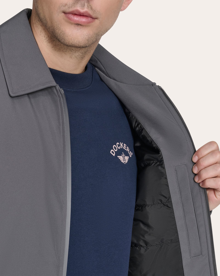 View of model wearing Boulevard Go Golf Bomber.