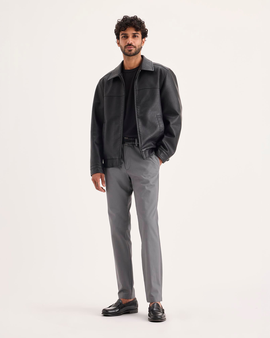 Front view of model wearing Burma Grey Signature Iron Free Khakis, Skinny Fit with Stain Defender®.