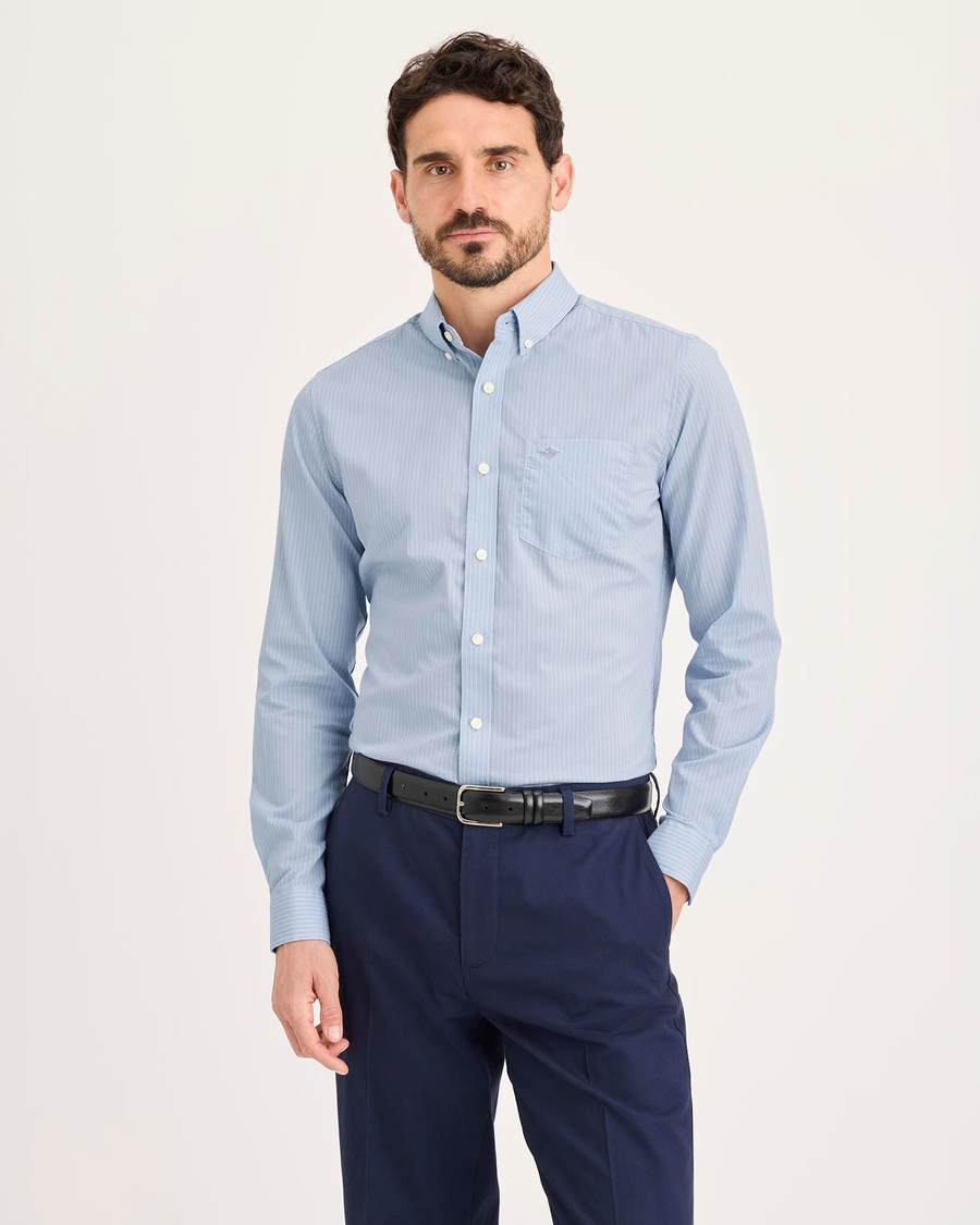 Front view of model wearing Burnett Subdued Blue Signature Shirt Long Sleeve with Stain Defender®, Slim Fit.