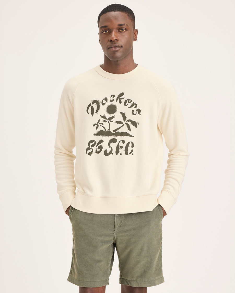 Front view of model wearing Buttercream Men's Regular Fit Icon Crewneck Sweatshirt.