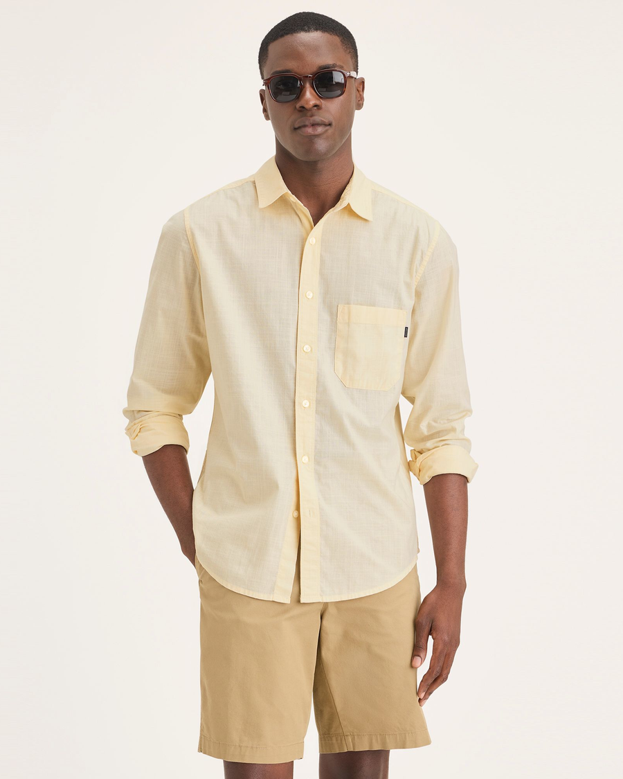 Front view of model wearing Buttercream Men's Slim Fit Casual Shirt.