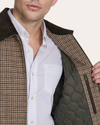 View of model wearing Byrd Wool Blend Jacket with Corduroy Collar.