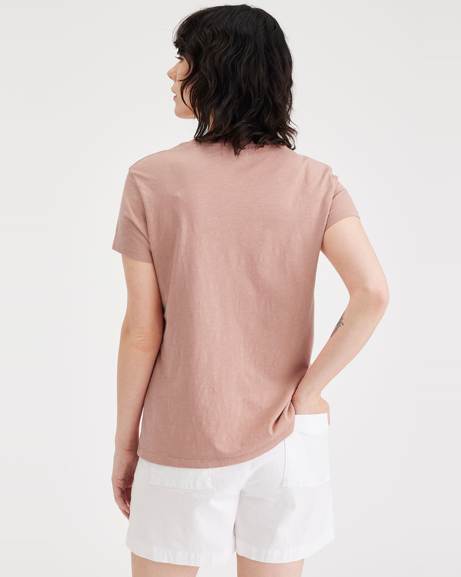 Back view of model wearing Cameo Brown Women's Slim Fit Graphic Tee Shirt.