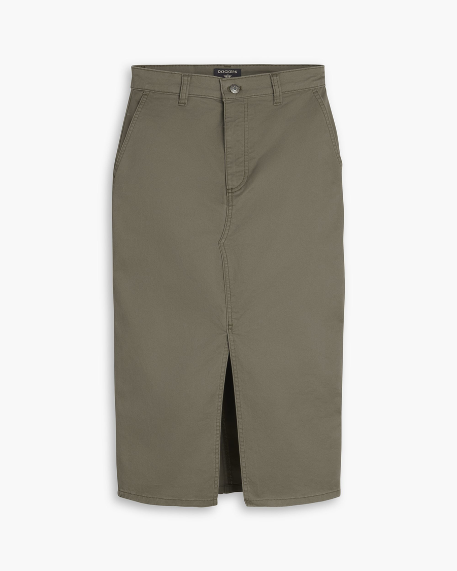 View of model wearing Camo Chino Skirt.