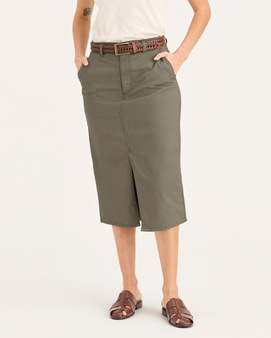 Front view of model wearing Camo Chino Skirt.