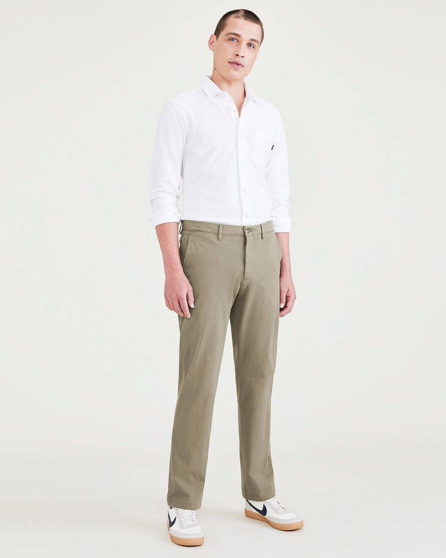 Front view of model wearing Camo Crafted Khaki Pants, Slim Fit.