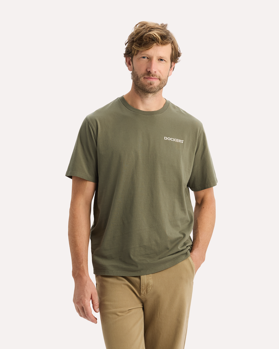 View of model wearing Camo Graphic Tee, Regular Fit.