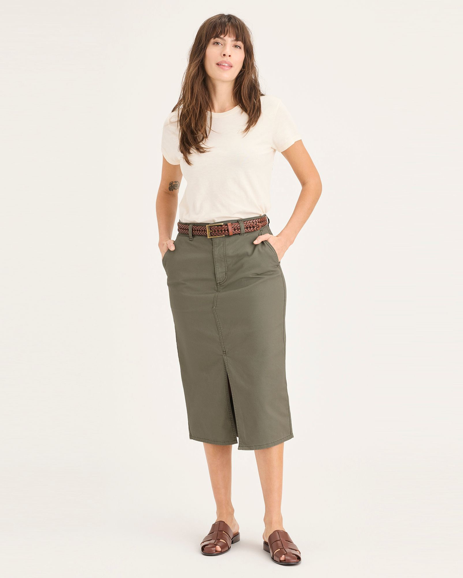 Front view of model wearing Camo Women's Chino Skirt.