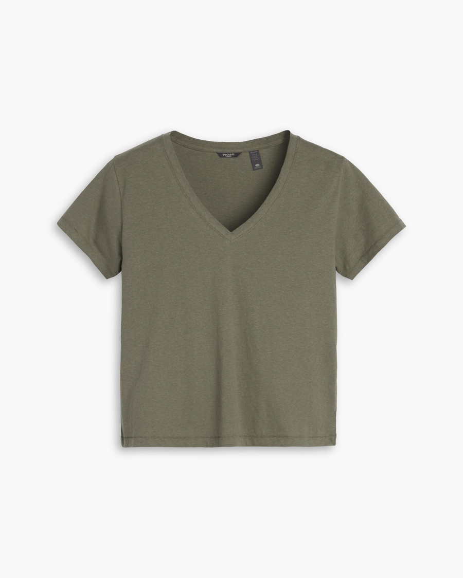 View of model wearing Camo Women's Deep V-Neck Tee Shirt.