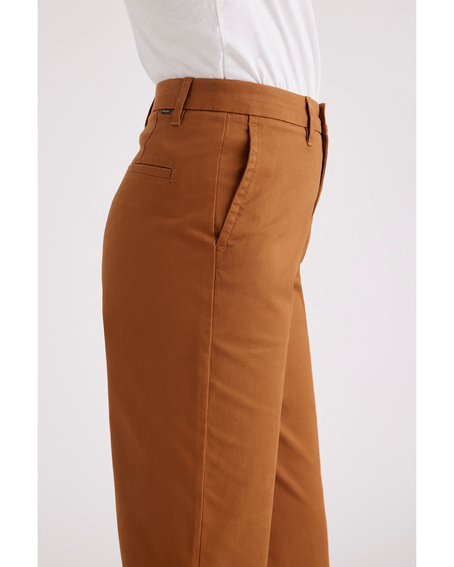 Side view of model wearing Caramel Café Women's High Straight Fit Weekend Chino Pants.