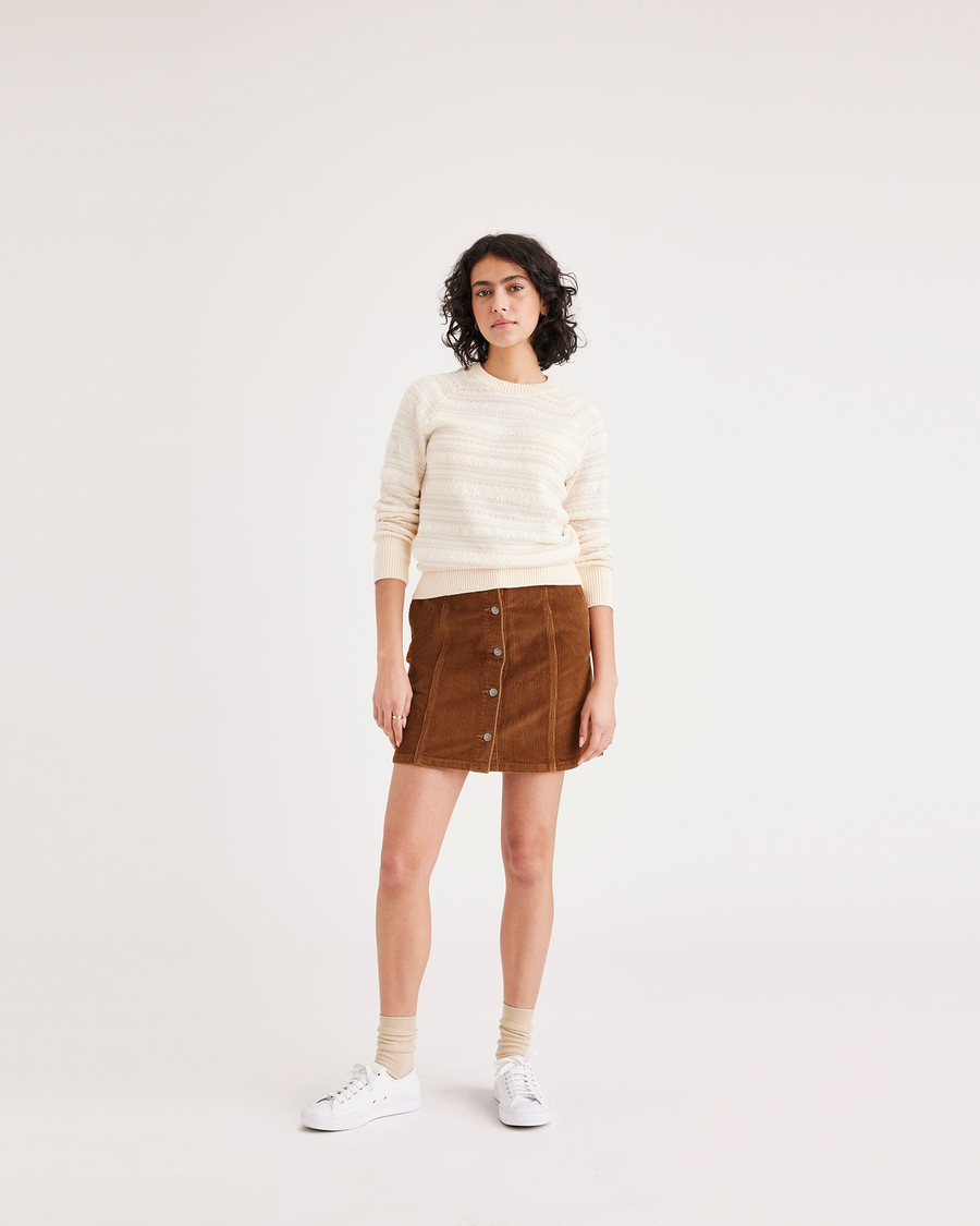 Front view of model wearing Caramel Cafe Women's Button Front Mini Skirt.