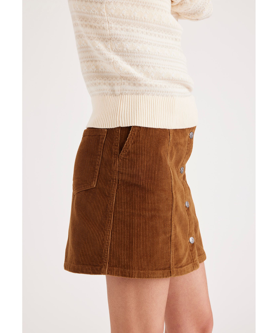 Side view of model wearing Caramel Cafe Women's Button Front Mini Skirt.