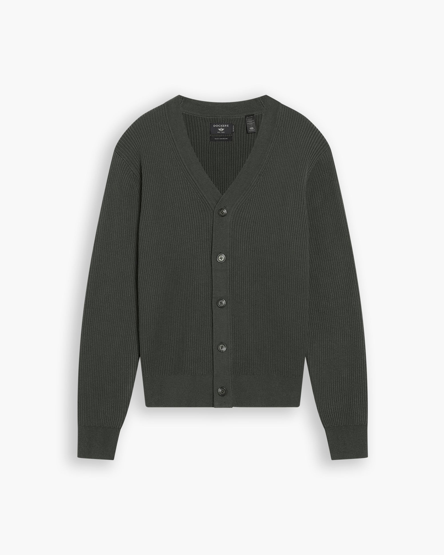 View of model wearing Chimera Cardigan, Regular Fit.