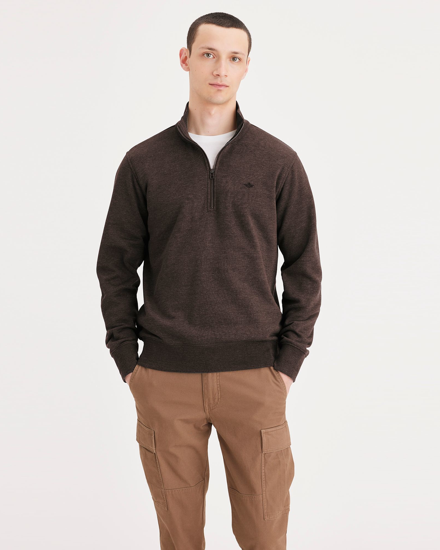 Front view of model wearing Coffe Bean Men's Regular Fit Icon Crewneck Sweatshirt.