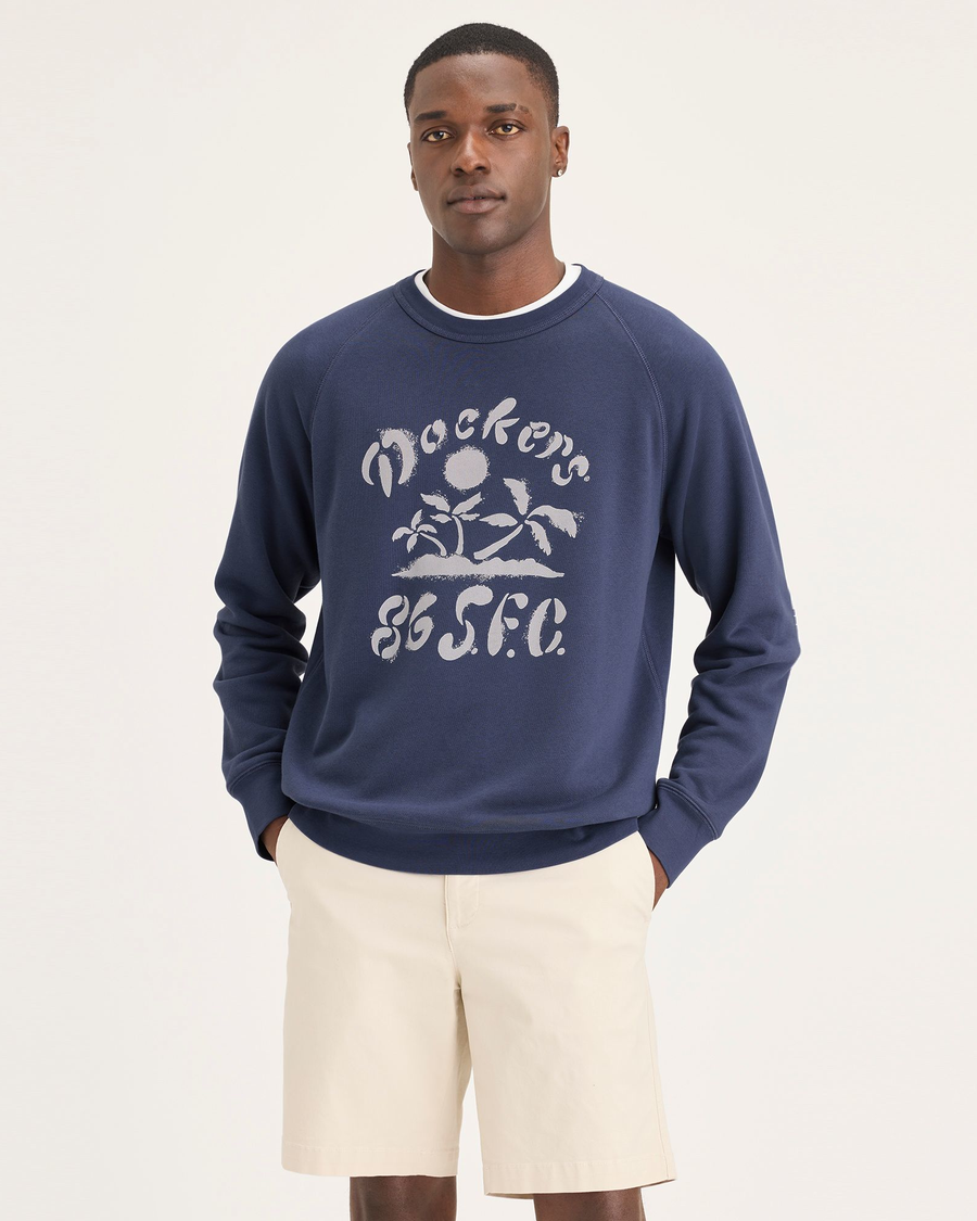 Front view of model wearing Crown Blue Men's Regular Fit Icon Crewneck Sweatshirt.