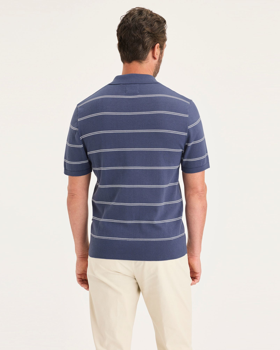 Back view of model wearing Crown Blue Men's Regular Fit Sweater Polo.