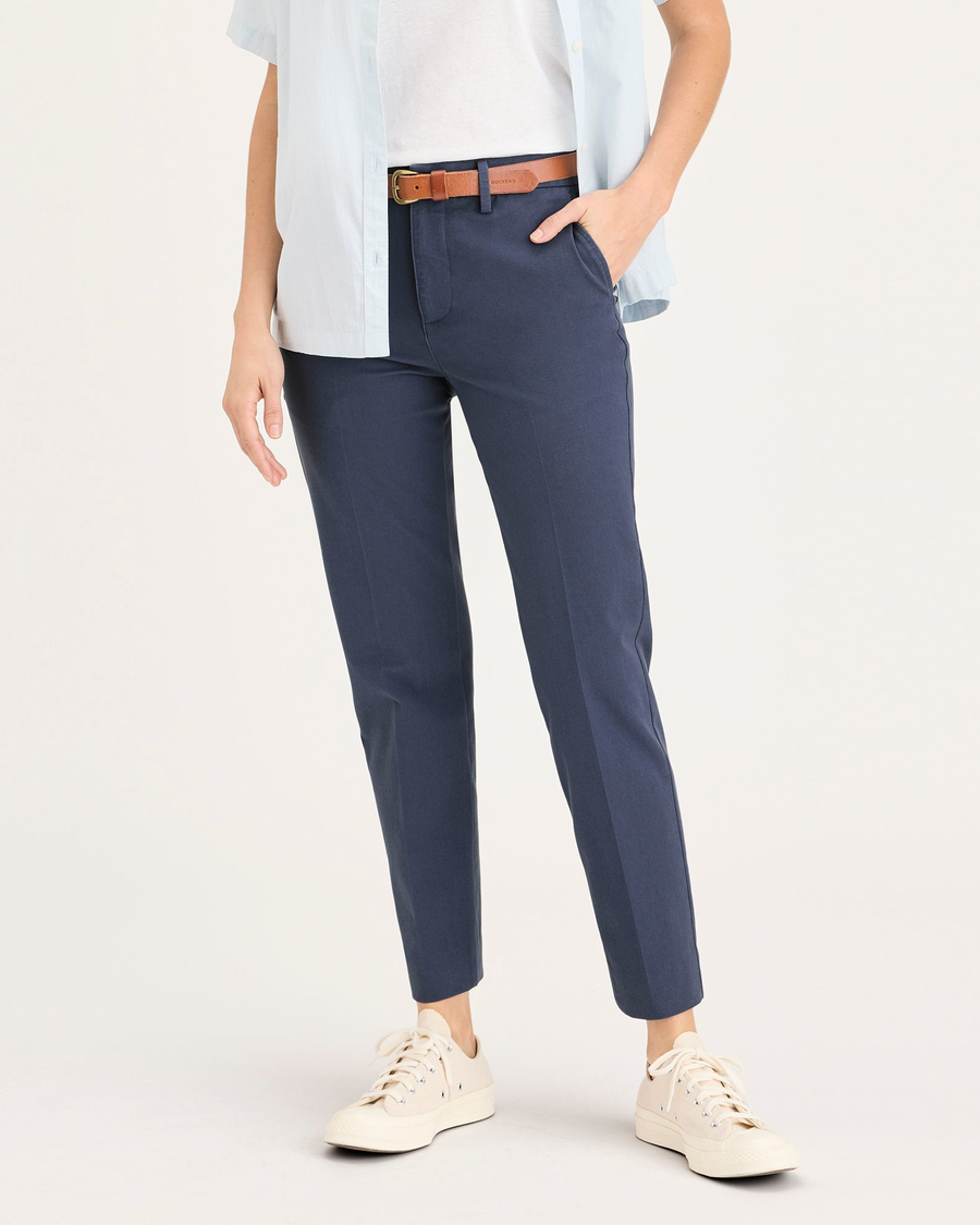 Front view of model wearing Crown Blue Women's Mid-Rise Slim Collins Trouser with Sculpt.