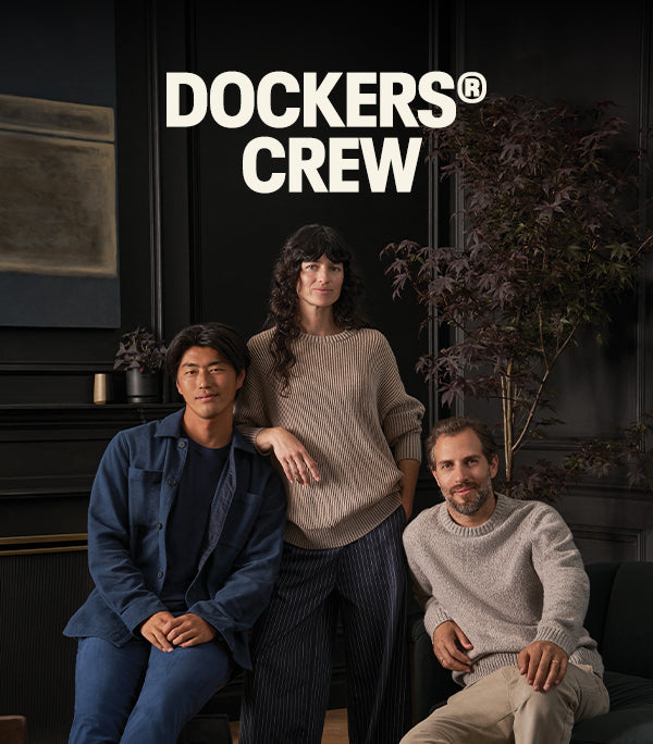 Three people sitting together with 'Dockers Crew' text above them.