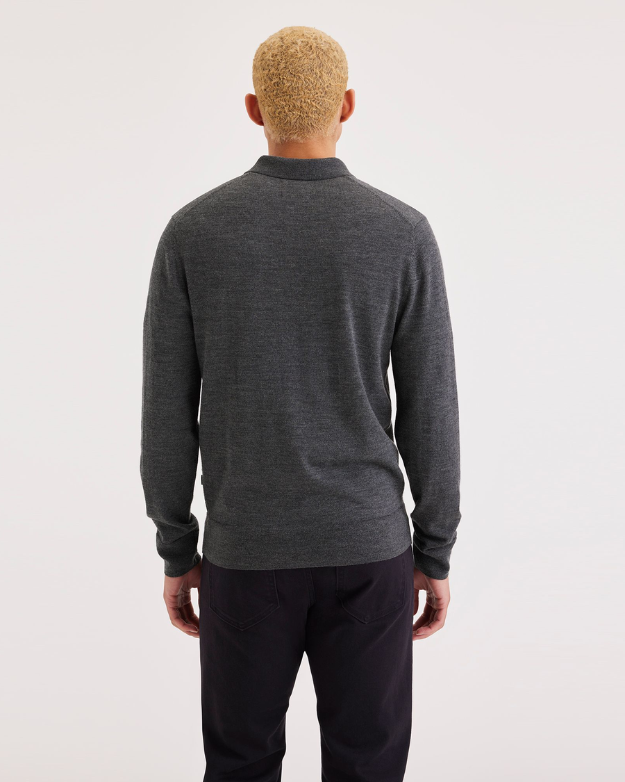 Back view of model wearing Dark Gray Heather Men's Regular Fit Polo Sweater.