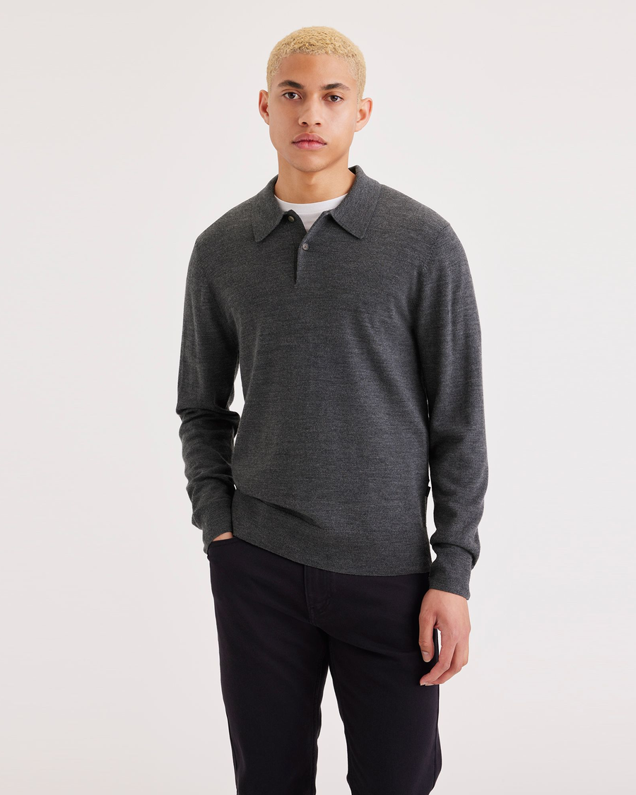 Front view of model wearing Dark Gray Heather Men's Regular Fit Polo Sweater.