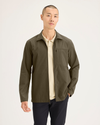 Front view of model wearing Dark Olive Go Overshirt, Regular Fit.